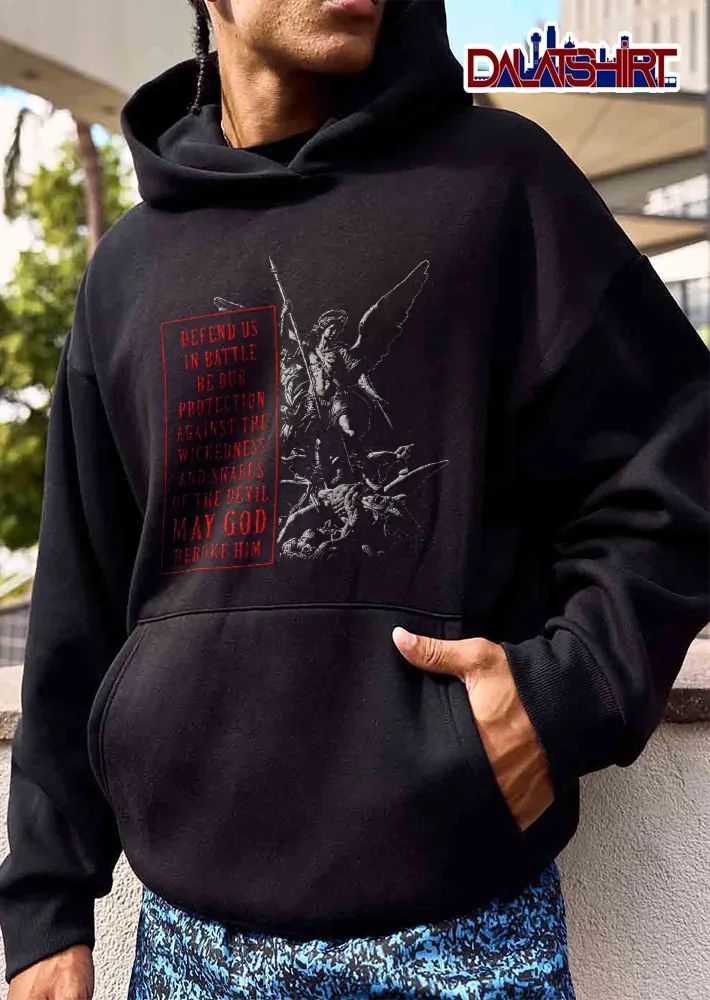 Defend US In Battle Be Our Protection Against The Wickedness Saint Michael Spear Slaying Demon Statue shirt