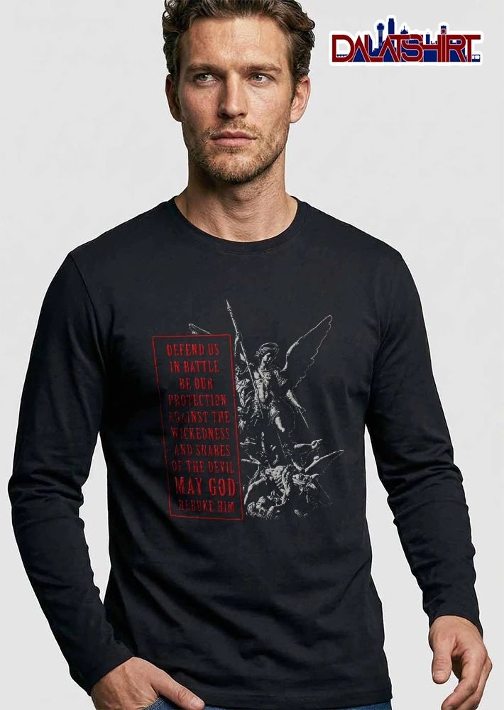 Defend US In Battle Be Our Protection Against The Wickedness Saint Michael Spear Slaying Demon Statue shirt