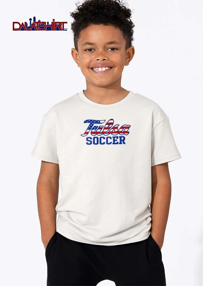 Tulsa Soccer Script Block Text American Flag Stars Stripes shirt