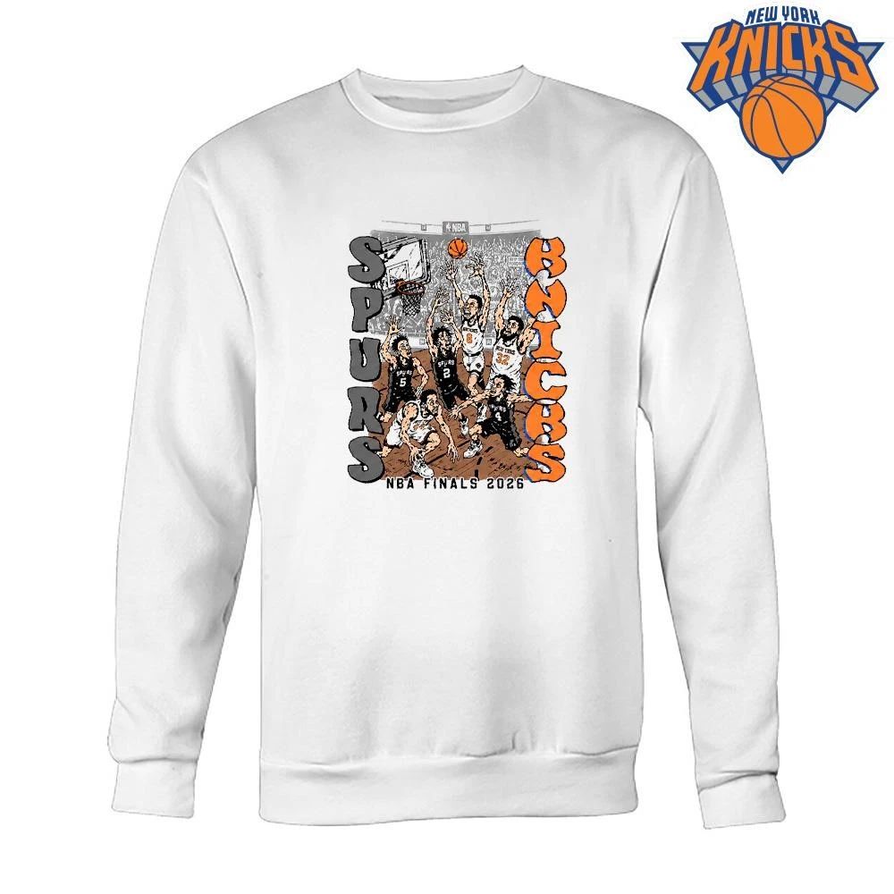 New York Knicks Champions NBA 2026 Versus San Antonio Spurs Basketball Finals Cartoon Graphic Tee Shirt