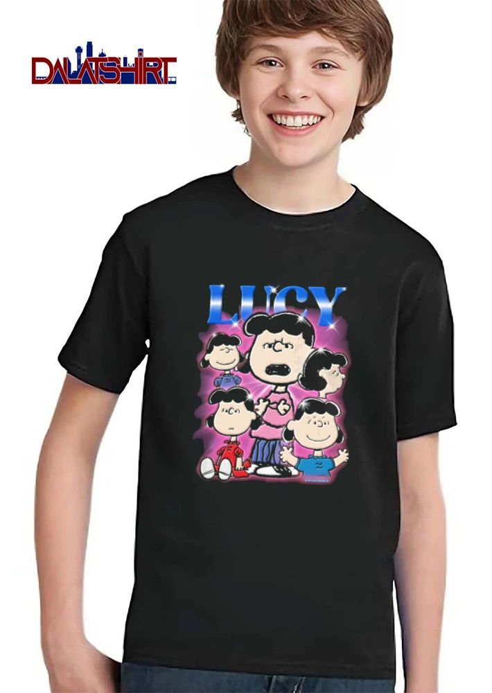 Lucy Multiple Expressions Cartoon Collage Pink Glow Metallic Text Sparkles shirt