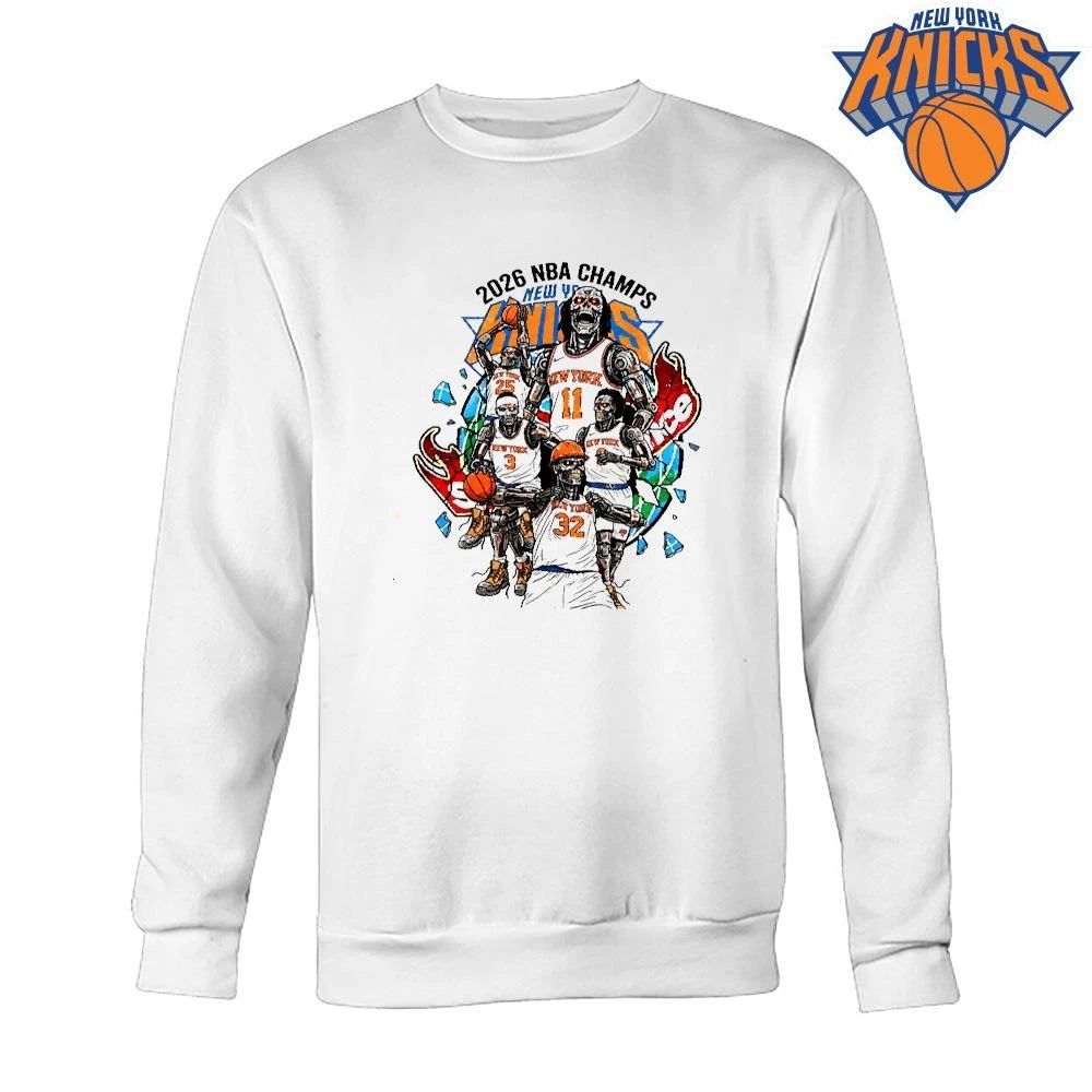 New York Knicks Champions NBA 2026 Cyborg Robots Terminator Metallic White Shirt
