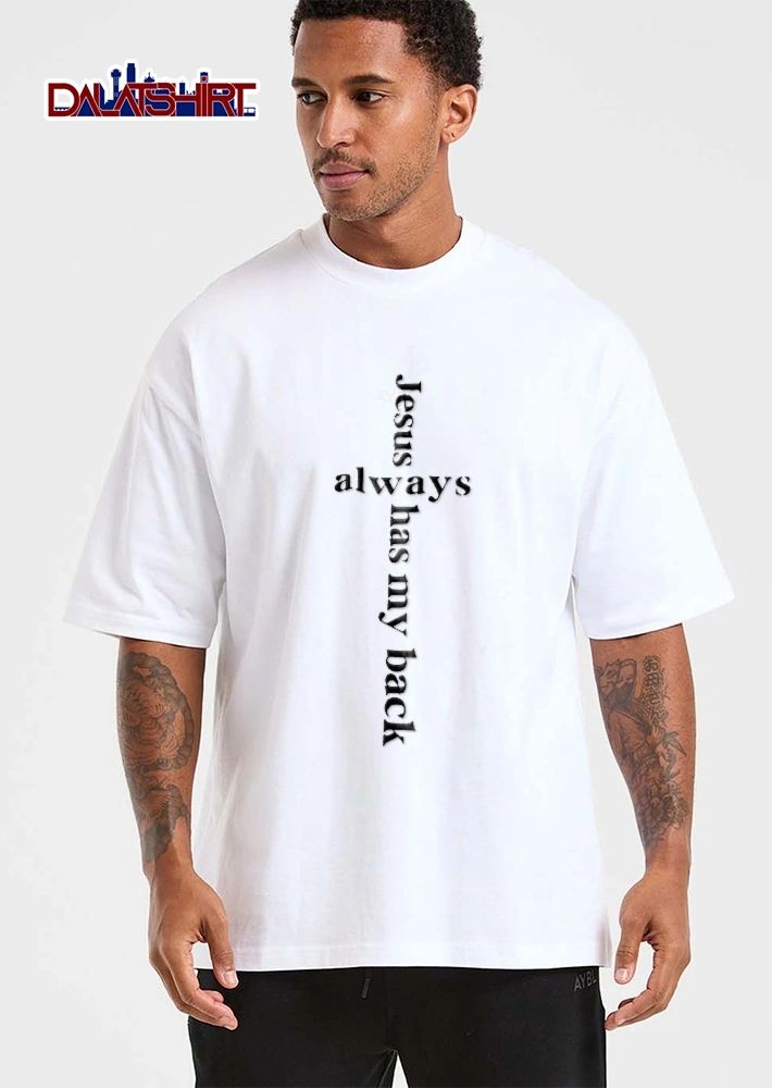 Jesus Always Has My Back Cross Shape Black Serif Typography shirt