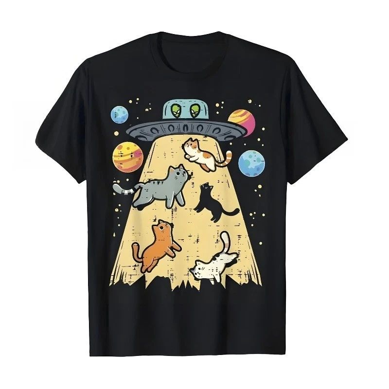 Men'S Retro Cartoon UFO Cat Abduction Graphic T-Shirt  Whimsical Design Cute Tee