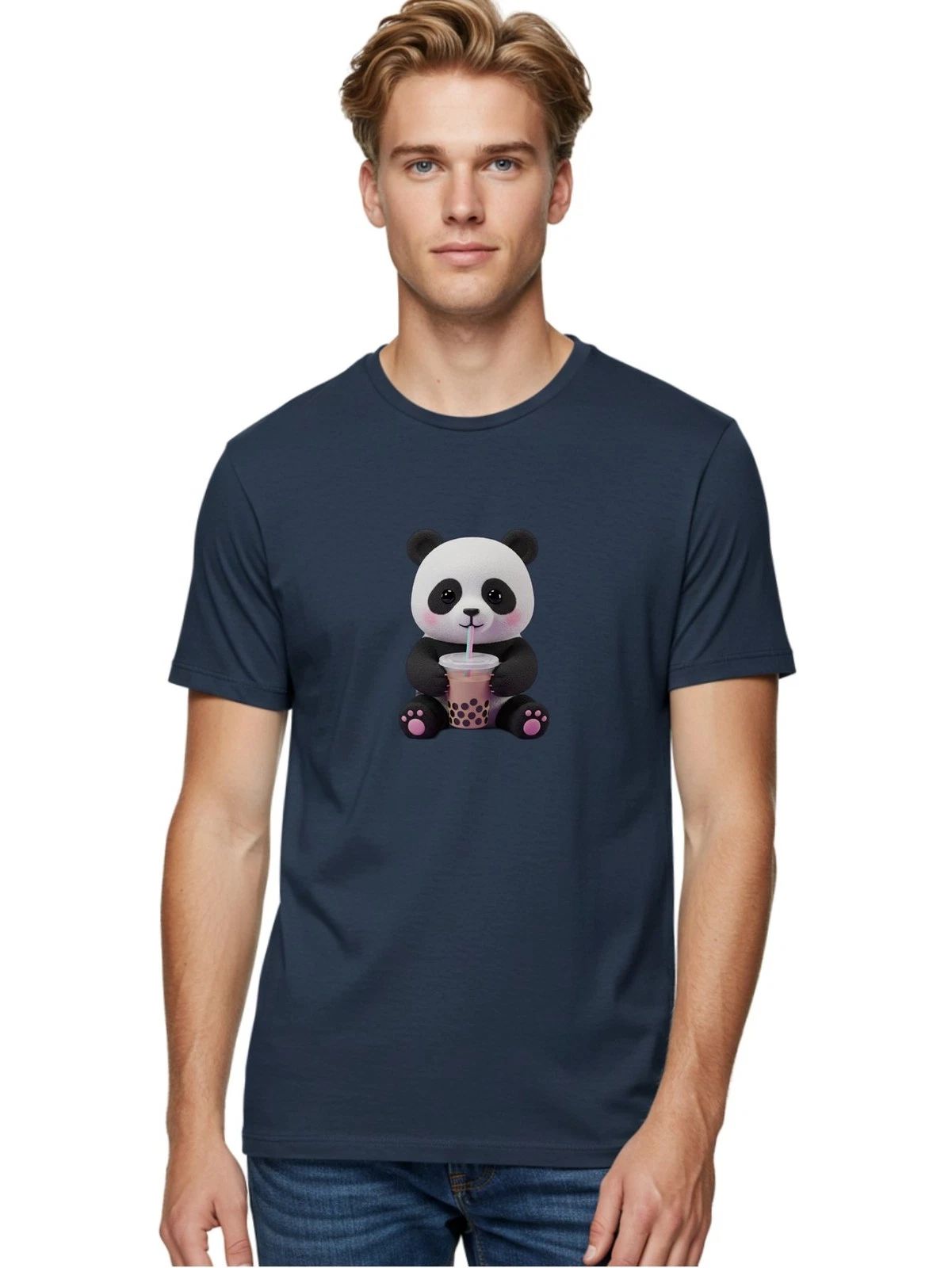 Panda-Drinking-Boba-2 Mens Graphic Tee, 100% Cotton, Casual Summer Wear
