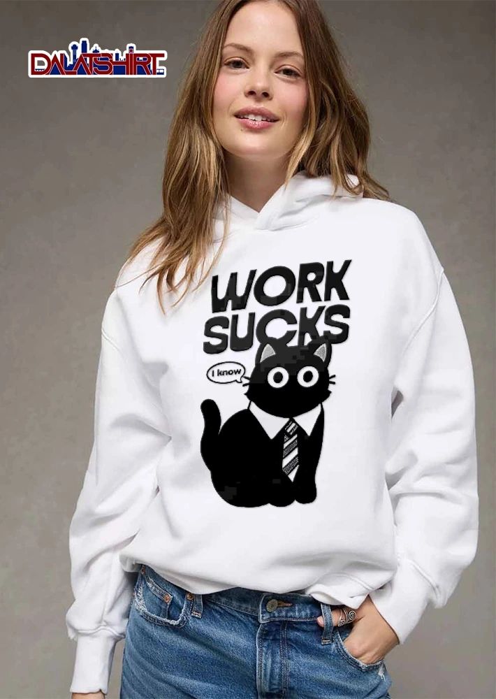 Work Sucks I Know Cartoon Black Cat shirt