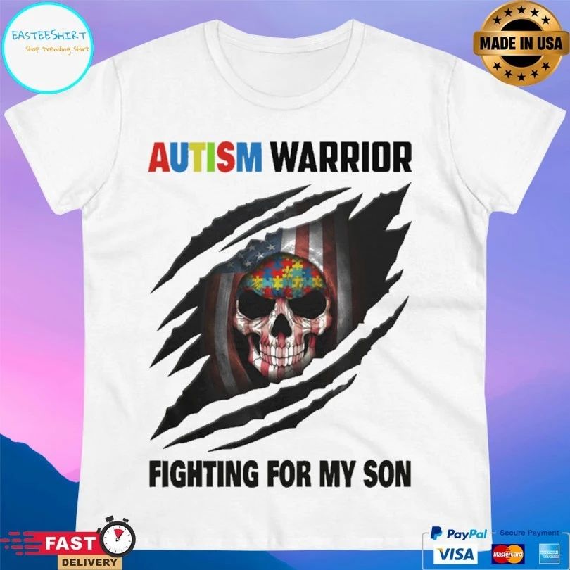 Autism Warrior Skull Fighting For My Son With American Flag