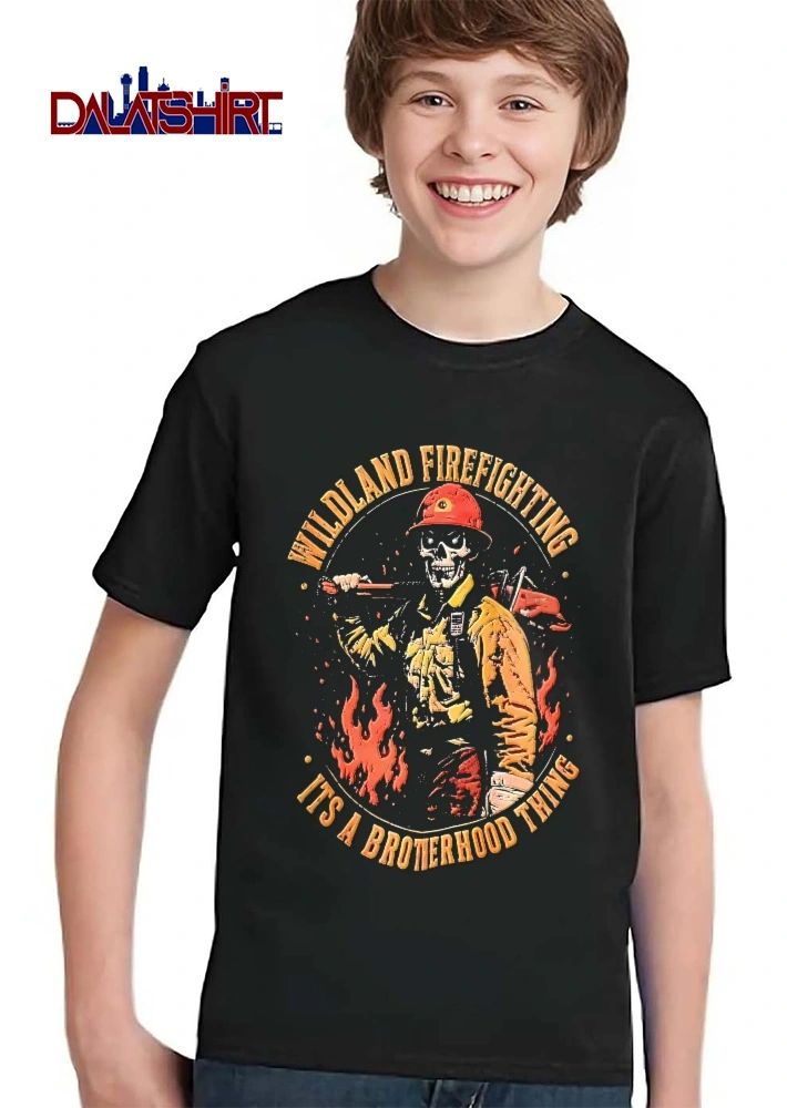 Wildland Firefighting Its A Brotherhood Thing Skeleton Firefighter Chainsaw Flames Distressed shirt
