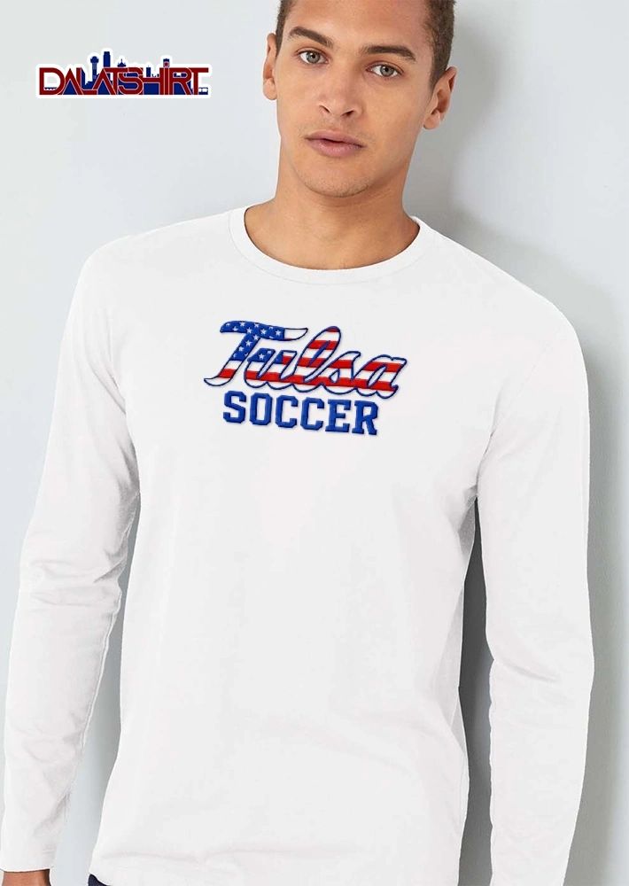 Tulsa Soccer Script Block Text American Flag Stars Stripes shirt