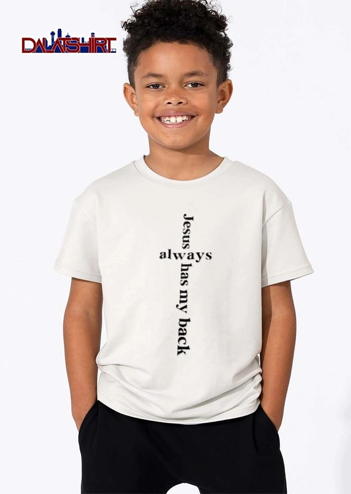 Jesus Always Has My Back Cross Shape Black Serif Typography shirt