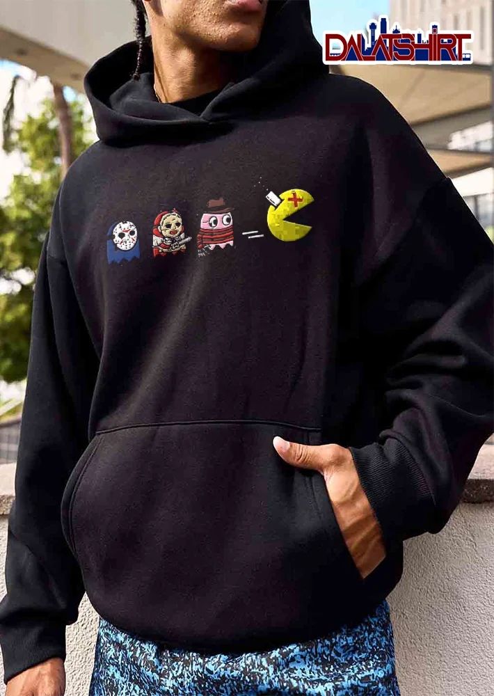 Horror Movie Ghost Villains Chasing Stabbed Pac Man Cartoon shirt