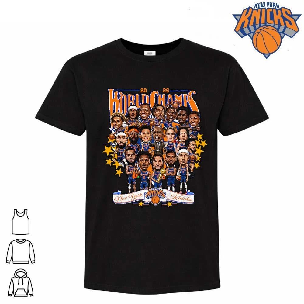 New York Knicks Champions NBA 2026 World Champs Caricature Roster Roster Graphic Shirt