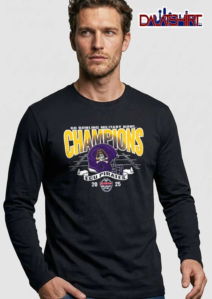 East Carolina Pirates NCAA Go Bowling Military Bowl Champions 2025 Football Helmet Banner Halftone shirt