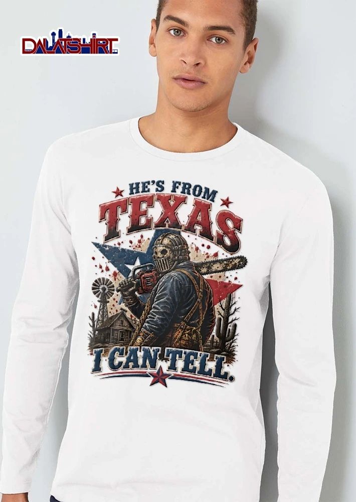 Hes From Texas I Can Tell Masked Killer Chainsaw Lone Star Cabin Cactus Splatter shirt