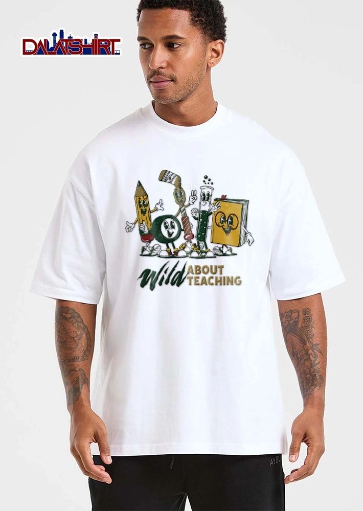 Wild About Teaching Retro Cartoon Pencil Puck Book Characters shirt