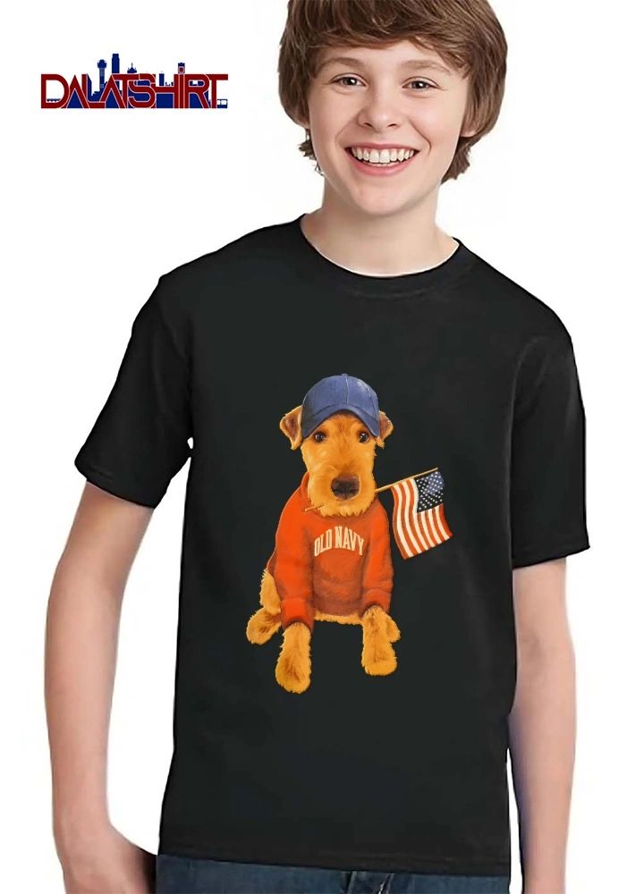 Old Navy Terrier Dog Wearing Baseball Cap Sweatshirt Holding American Flag shirt