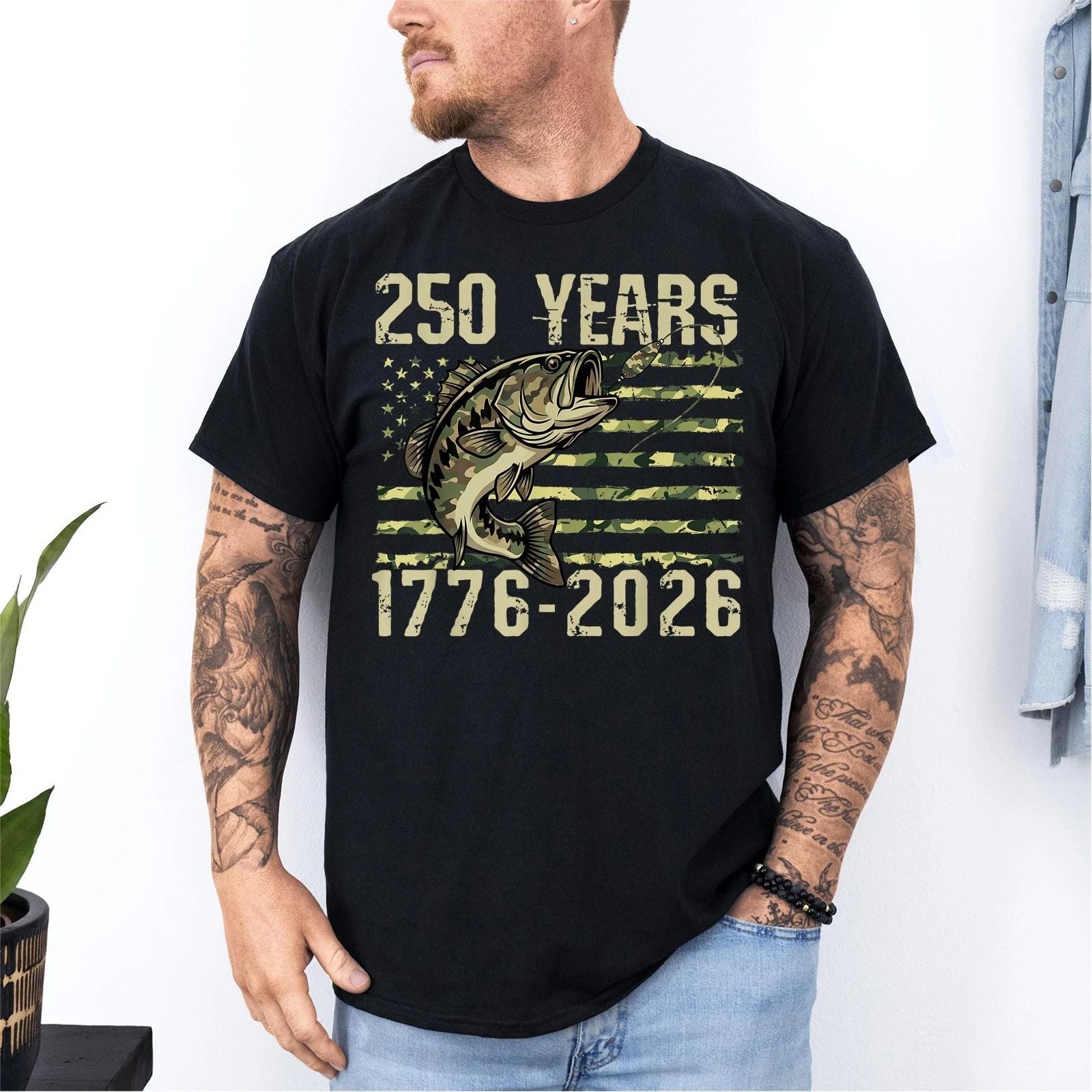 250th Anniversary USA 250 Years Birthday Bass Fishing Camo Patriotic T-Shirt
