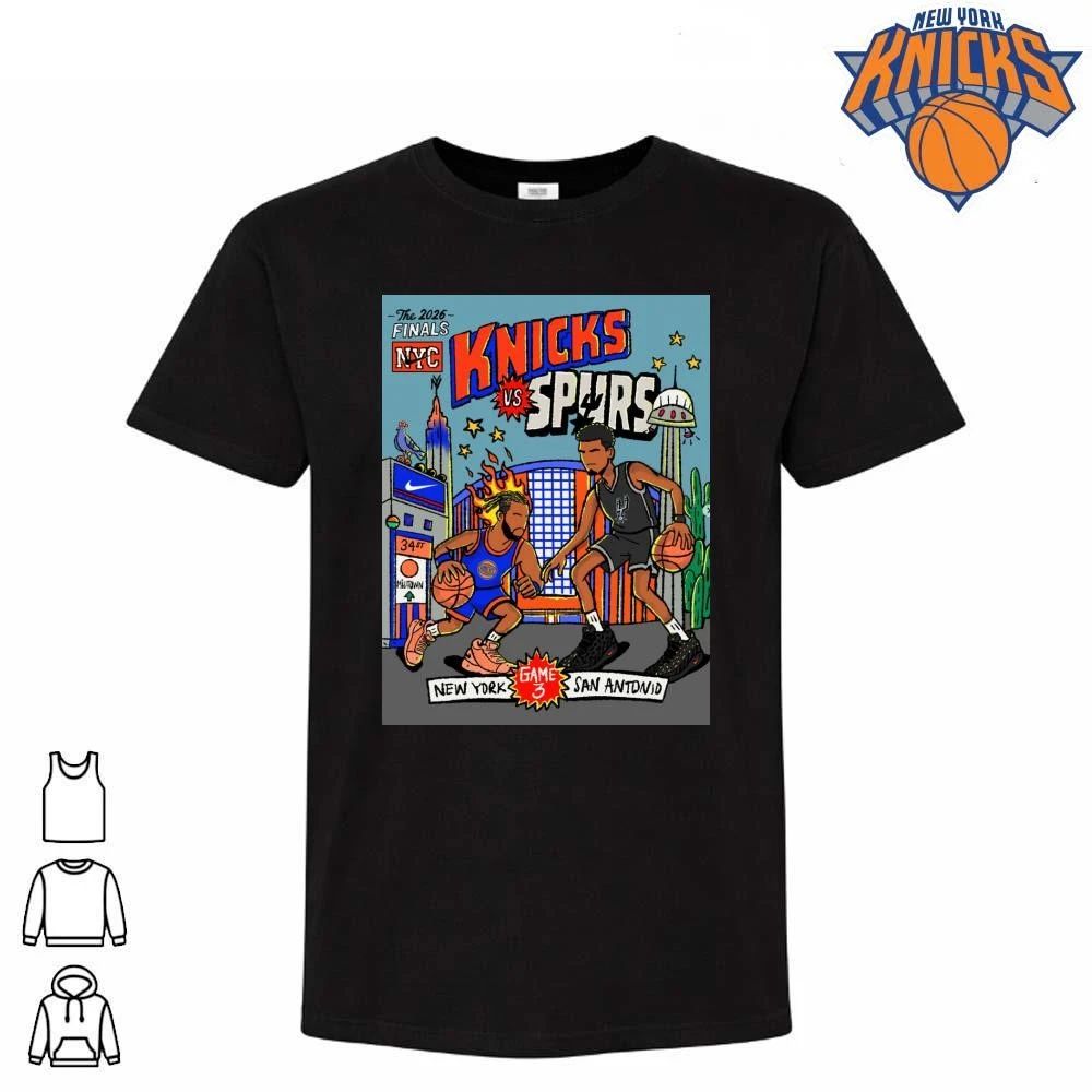 New York Knicks Vs San Antonio Spurs Jalen Brunson Victor Wembanyama Game 3 Cartoon Graphic Vintage NBA Finals 2026 Shirt