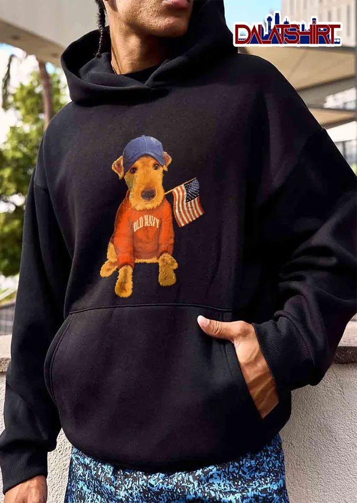 Old Navy Terrier Dog Wearing Baseball Cap Sweatshirt Holding American Flag shirt