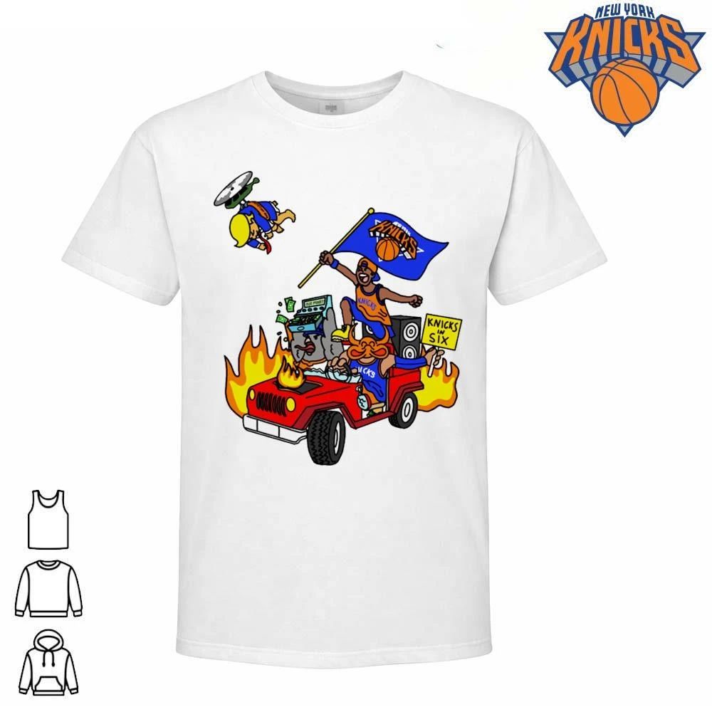 New York Knicks In Six Car Driving Fire Helicopter Cartoon Fan Graphic NBA Finals 2026 Shirt