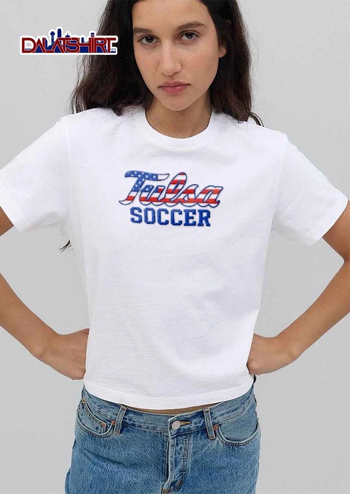 Tulsa Soccer Script Block Text American Flag Stars Stripes shirt