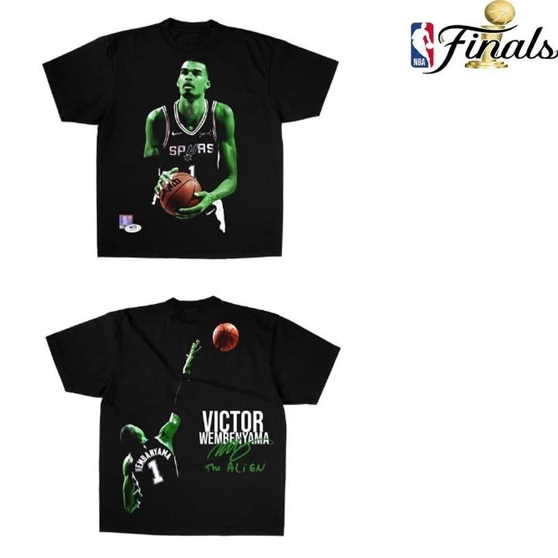 San Antonio Spurs Victor Wembanyama The Alien Green Graphic Double Sided Vintage Black NBA Finals 2026 Shirt