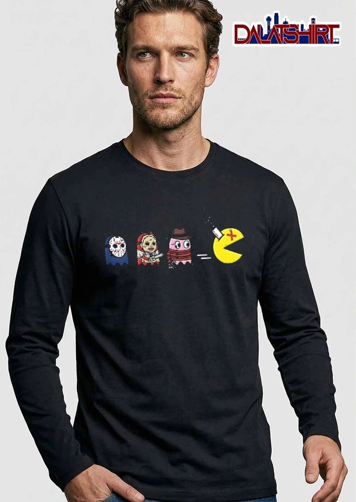 Horror Movie Ghost Villains Chasing Stabbed Pac Man Cartoon shirt