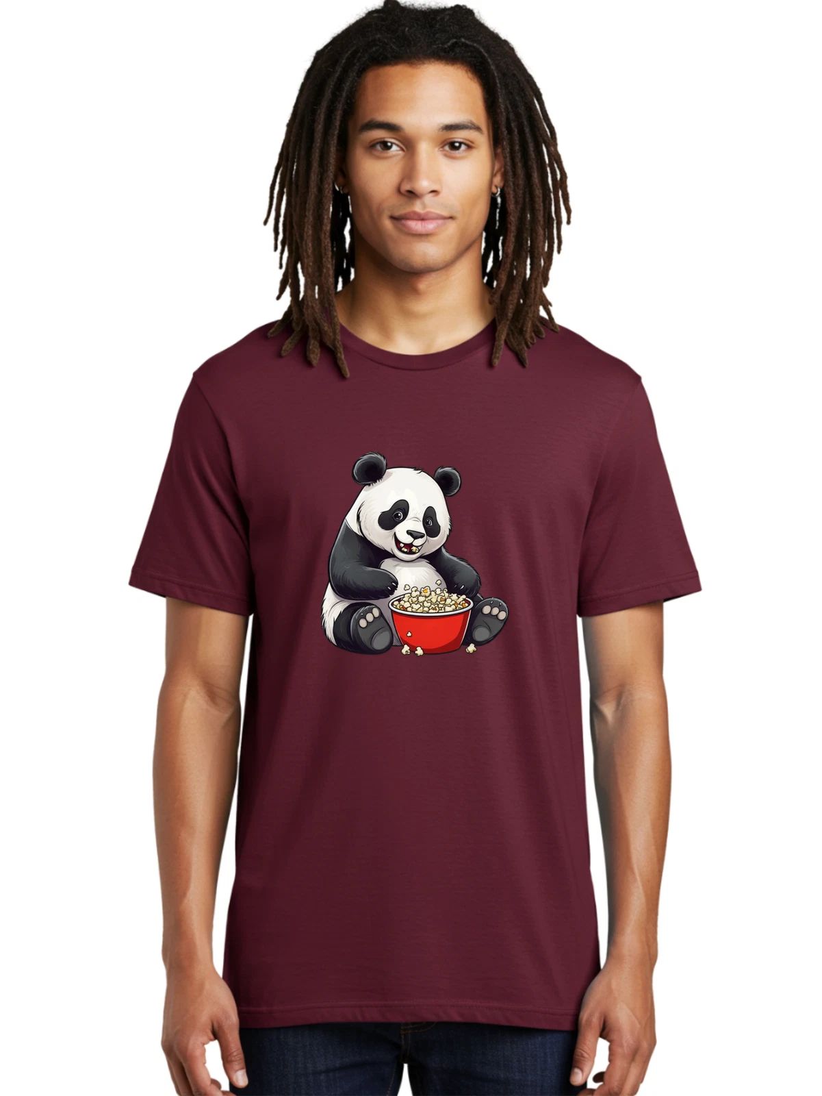 Panda-With-Popcorn Mens Graphic Tee, 100% Cotton, Casual Summer Wear