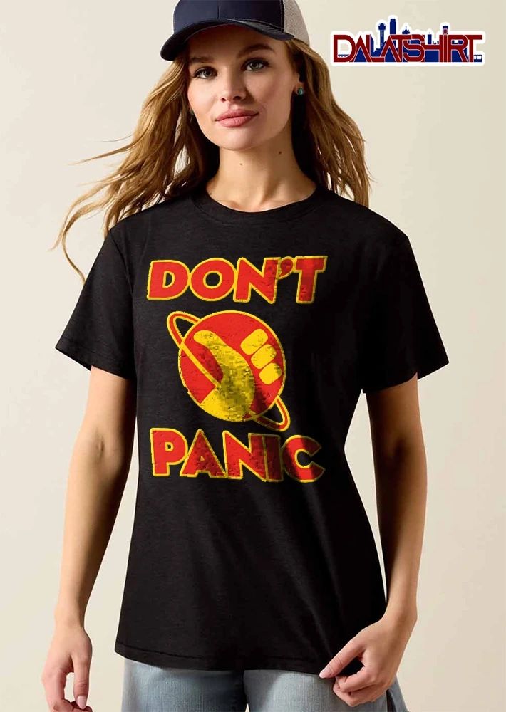 Dont Panic Yellow Hitchhiking Thumb Ringed Planet Distressed Retro Space Logo shirt
