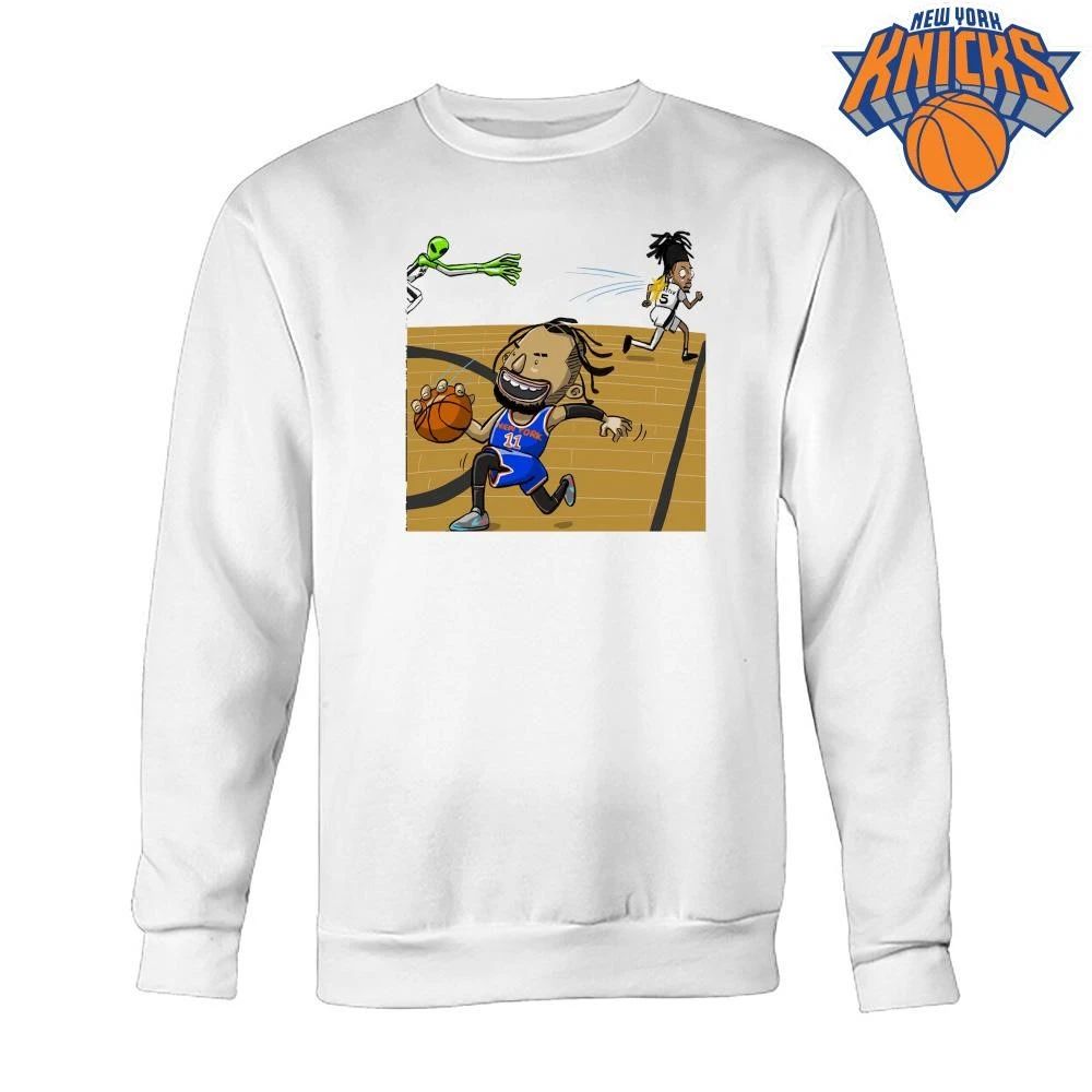 New York Knicks Jalen Brunson Dribbling Stepping Past San Antonio Spurs Stephon Castle Alien Victor Wembanyama Cartoon Graphic NBA Finals 2026 Shirt
