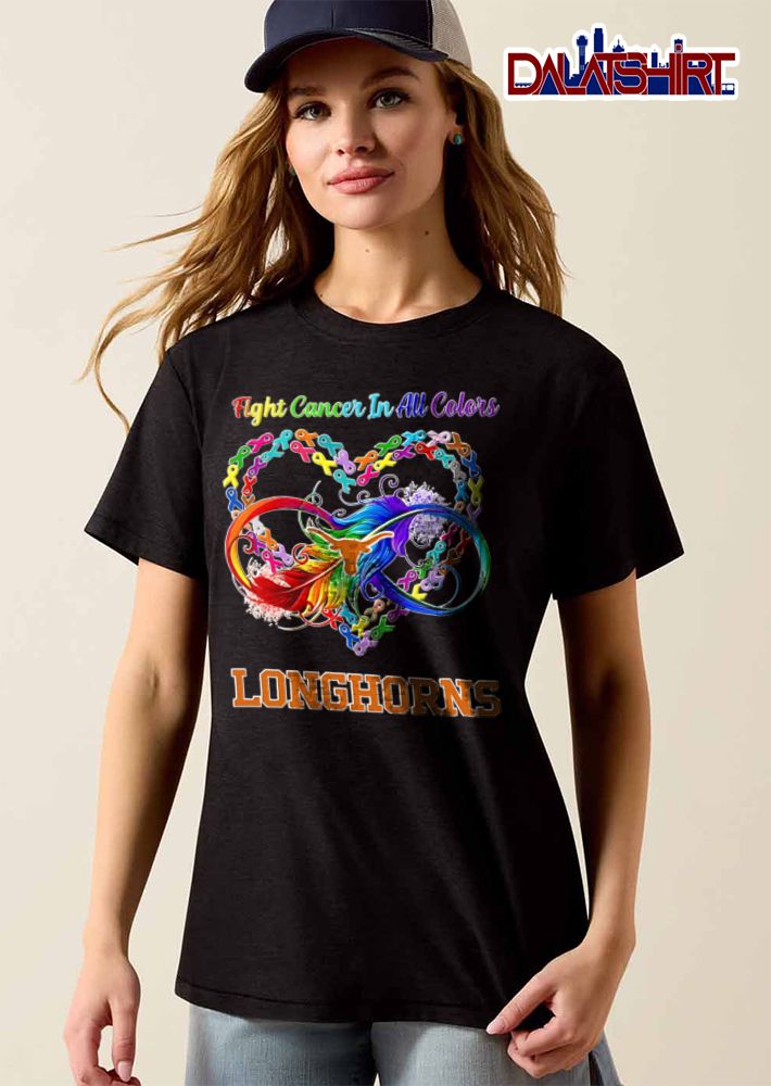 Texas Longhorns NCAA Fight Cancer In All Colors Awareness Ribbon Heart Rainbow Infinity Feather shirt