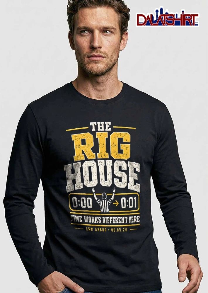 The Rig House Time Works Different Here Ann Arbor Football Referee Raising Arms Scoreboard Distressed shirt