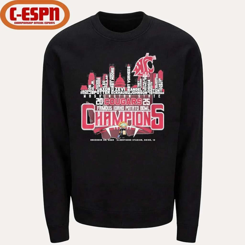 Washington State Cougars Skyline Player Names 2025 Idaho Potato Bowl Champions Shirt