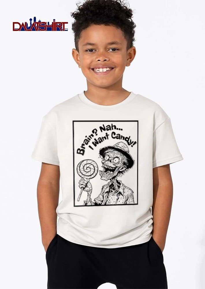 Brain Nah I Want Candy Zombie Holding Spiral Lollipop Line Art shirt