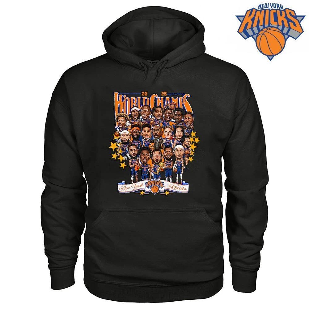 New York Knicks Champions NBA 2026 World Champs Caricature Roster Roster Graphic Shirt