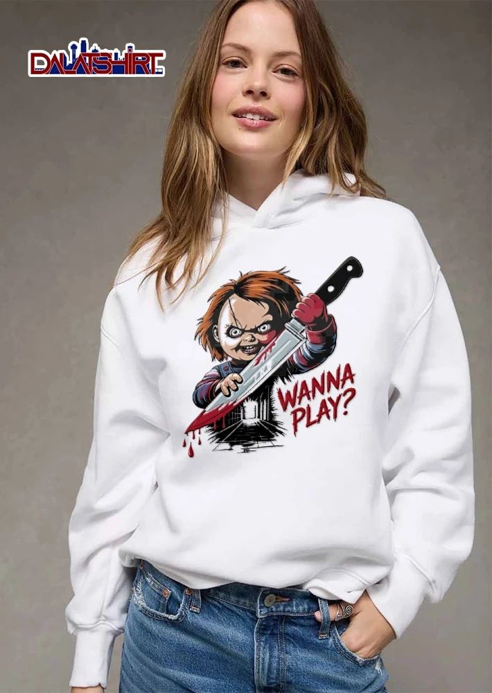 Wanna Play Scary Evil Doll Holding Bloody Knife Alleyway shirt