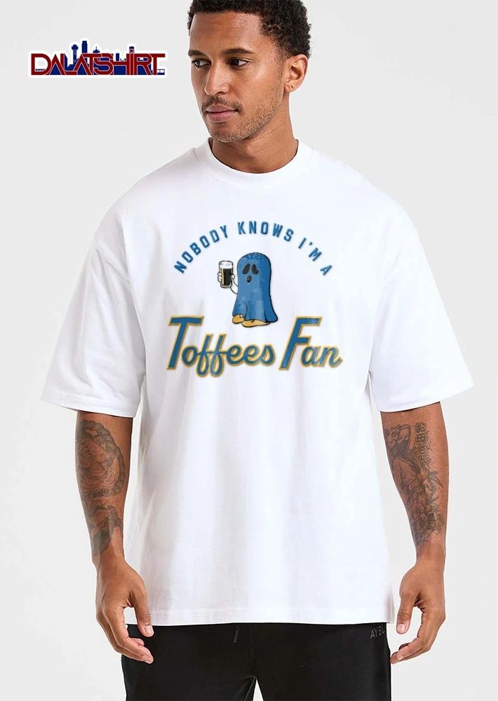 Nobody Knows Im A Toffees Fan Cartoon Blue Ghost Holding Beer Pint Glass shirt