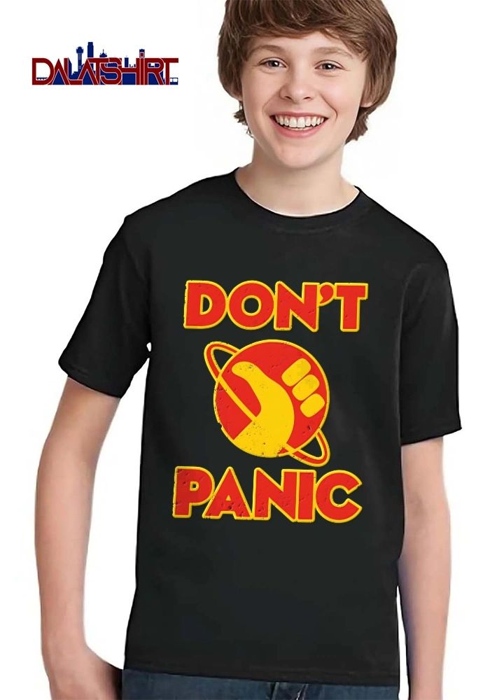 Dont Panic Yellow Hitchhiking Thumb Ringed Planet Distressed Retro Space Logo shirt