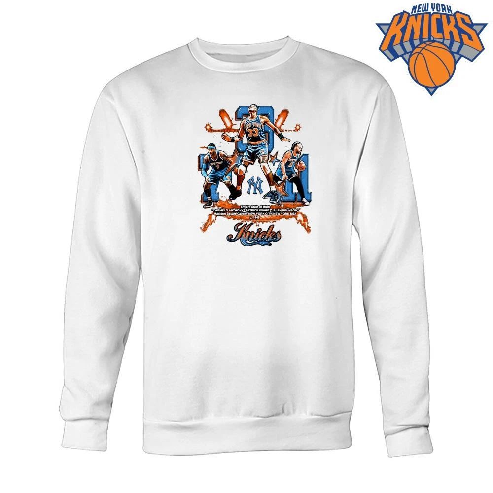 Carmelo Anthony Patrick Ewing and Jalen Brunson New York Knicks Legends Empire State of Mind 2026 NBA Finals Shirt