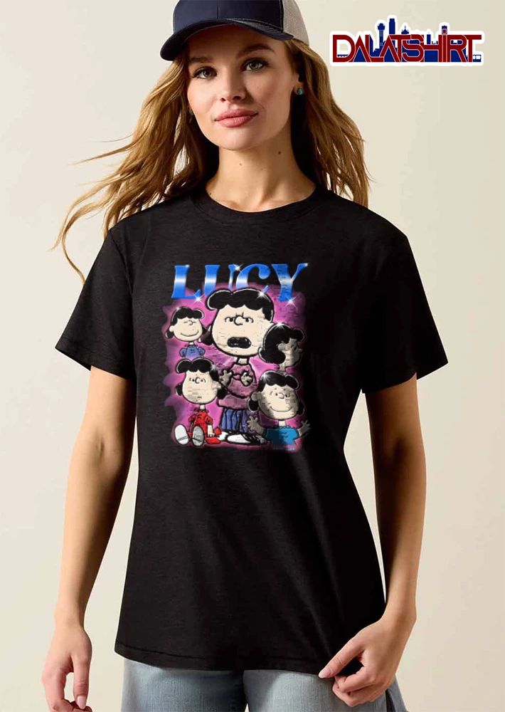 Lucy Multiple Expressions Cartoon Collage Pink Glow Metallic Text Sparkles shirt