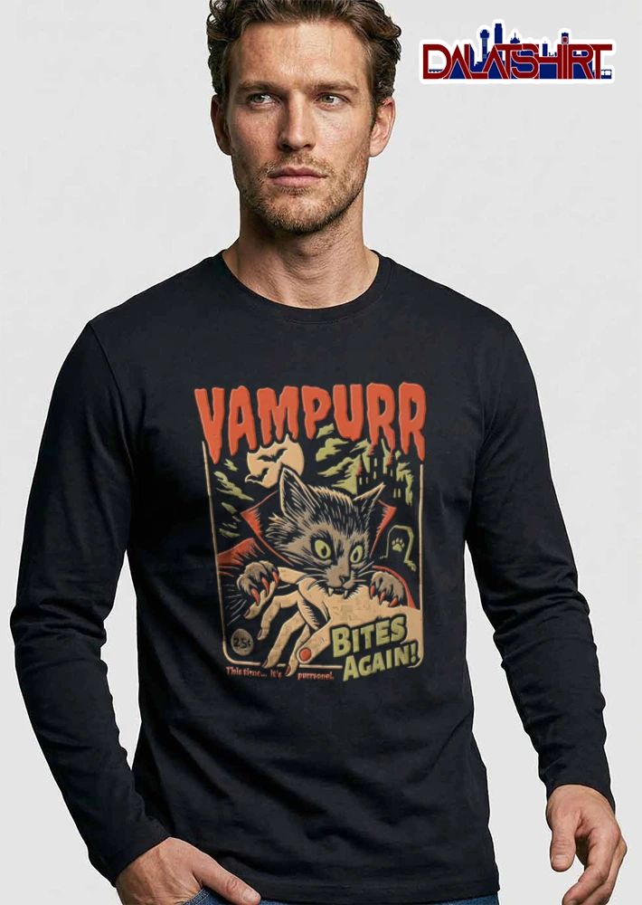 Vampurr Bites Again 25c This Time Its Purrsonal Vintage Cartoon Vampire Cat Biting Hand shirt