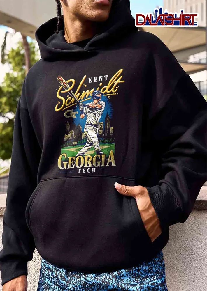 Georgia Tech Yellow Jackets NCAA Kent Schmidt Batter Swinging Hot Dog Bat Atlanta Skyline Field shirt