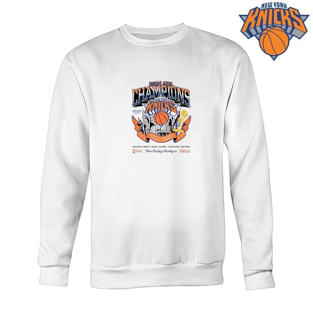New York Knicks Champions NBA 2026 Caricature Skyline Trophy Finals Retro Bootleg Shirt
