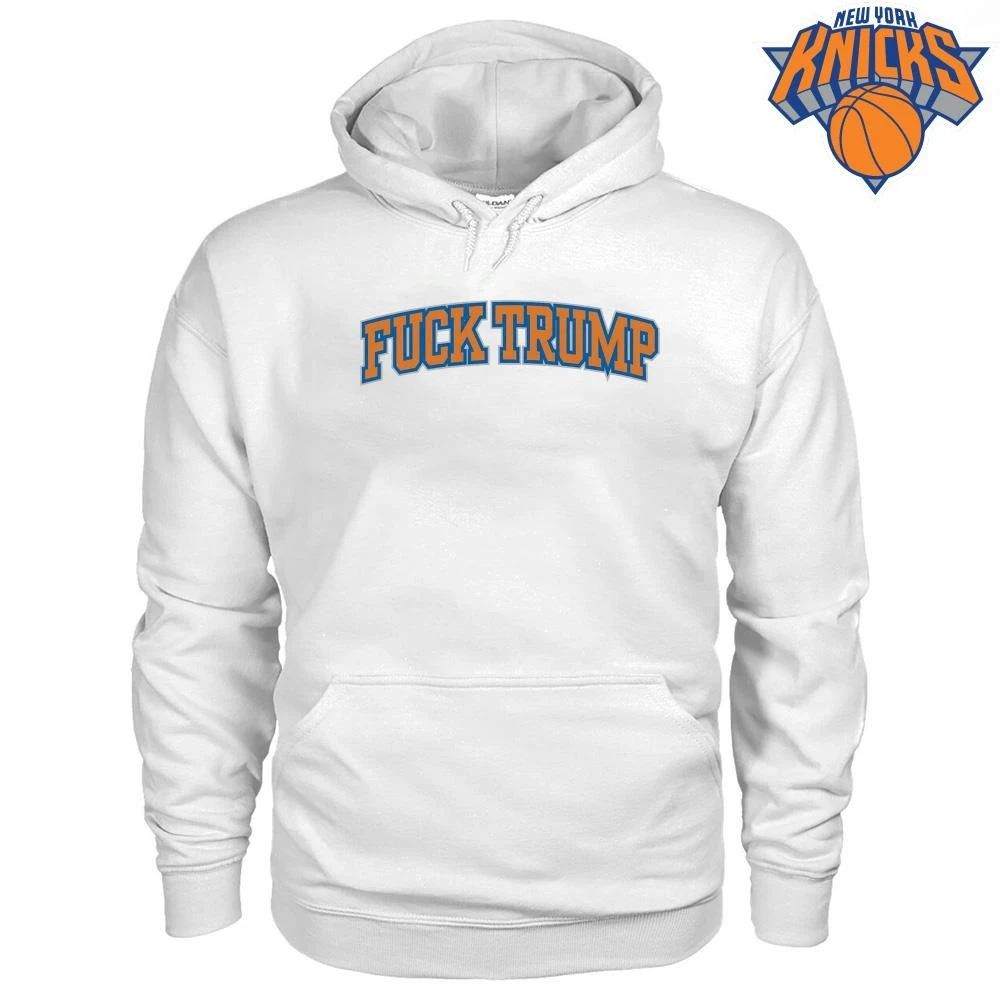 New York Knicks Style Fuck Trump Anti Donald Trump Blue Orange Typography Text Graphic NBA Finals 2026 Shirt