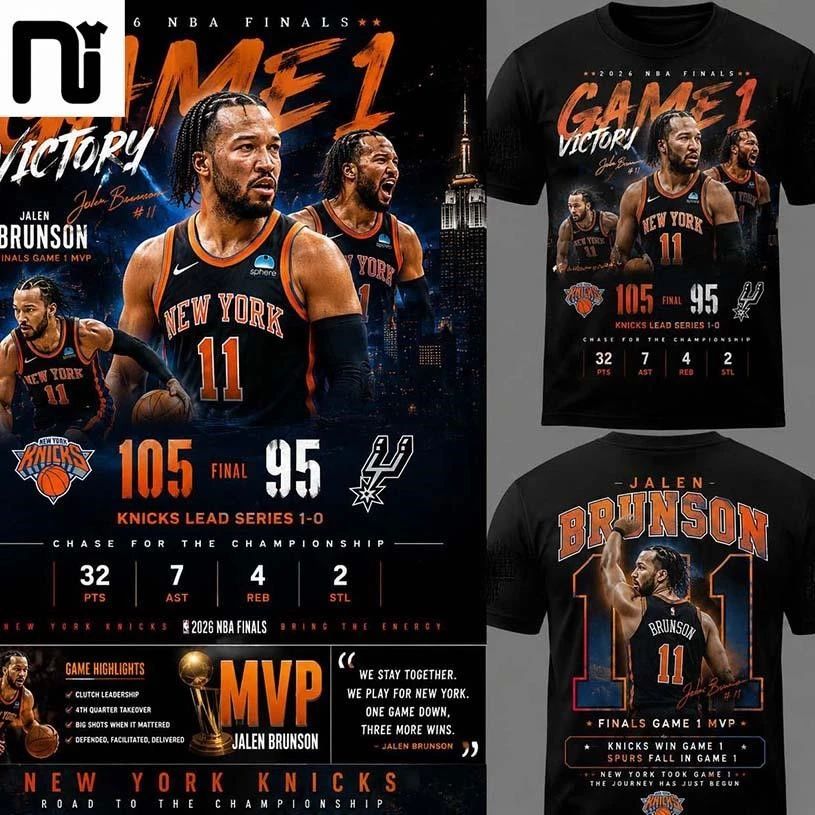 New York Knicks Jalen Brunson Game 1 Victory MVP Vintage Graphic San Antonio Spurs NBA Finals 2026 Two Sided Shirt