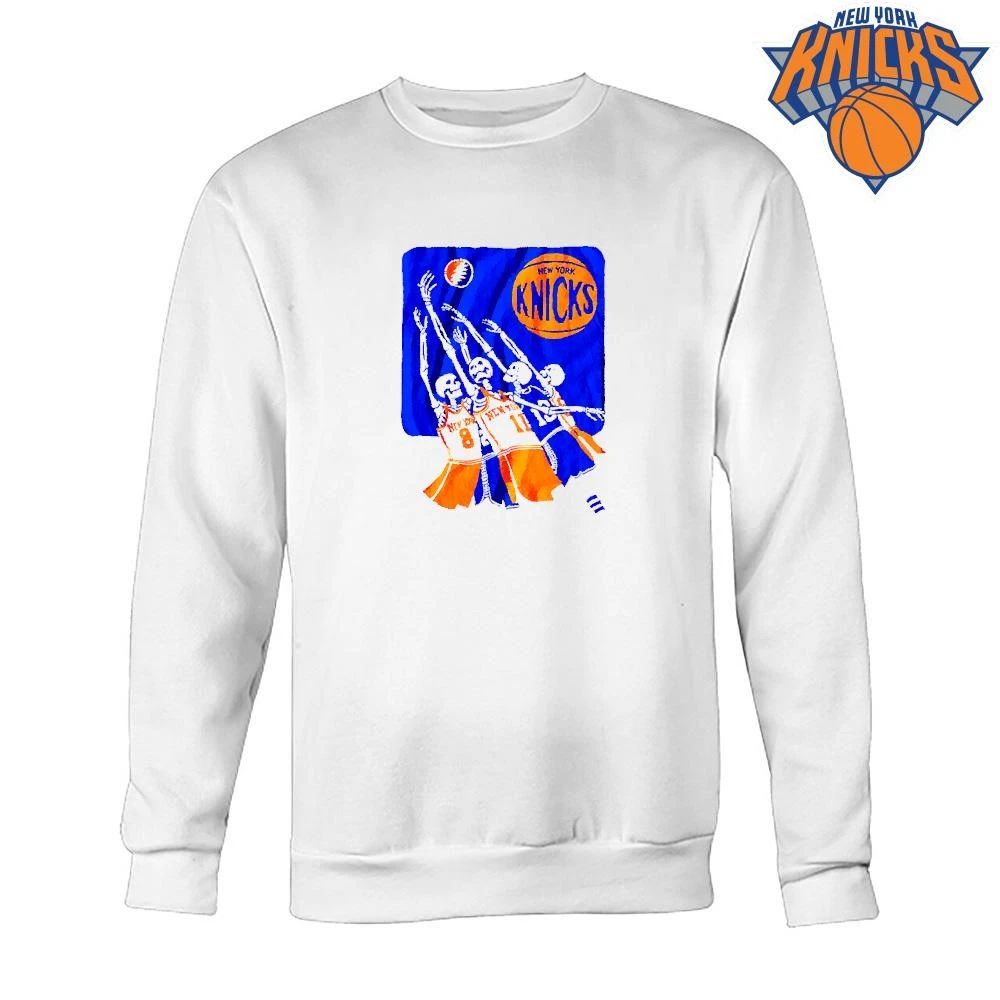 New York Knicks Champions NBA 2026 Grateful Dead Basketball Skeletons White Shirt
