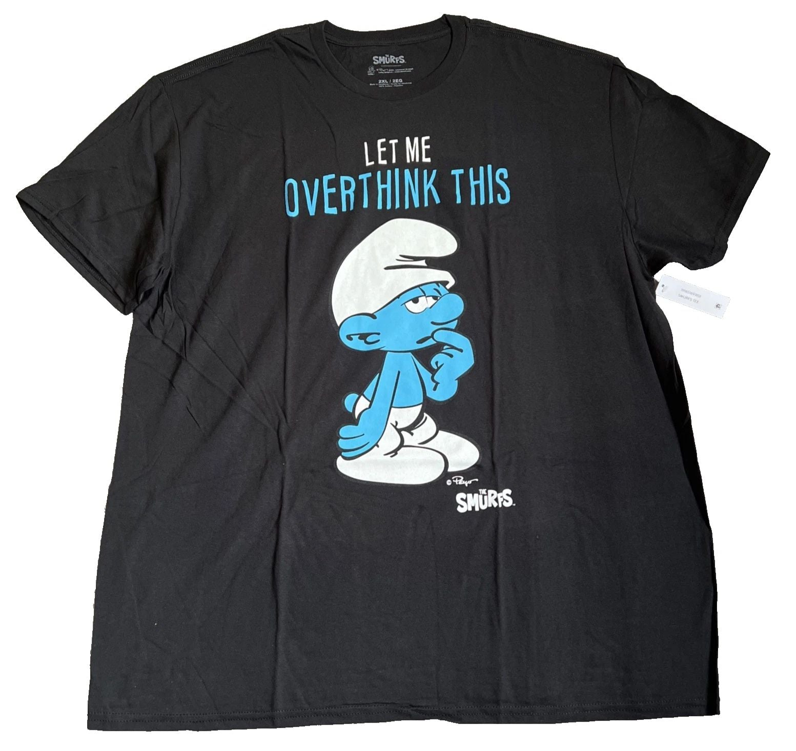 Smurf T-Shirt Adult 2XL Black Graphic Print Let Me Over Think This Funny Dad NEW