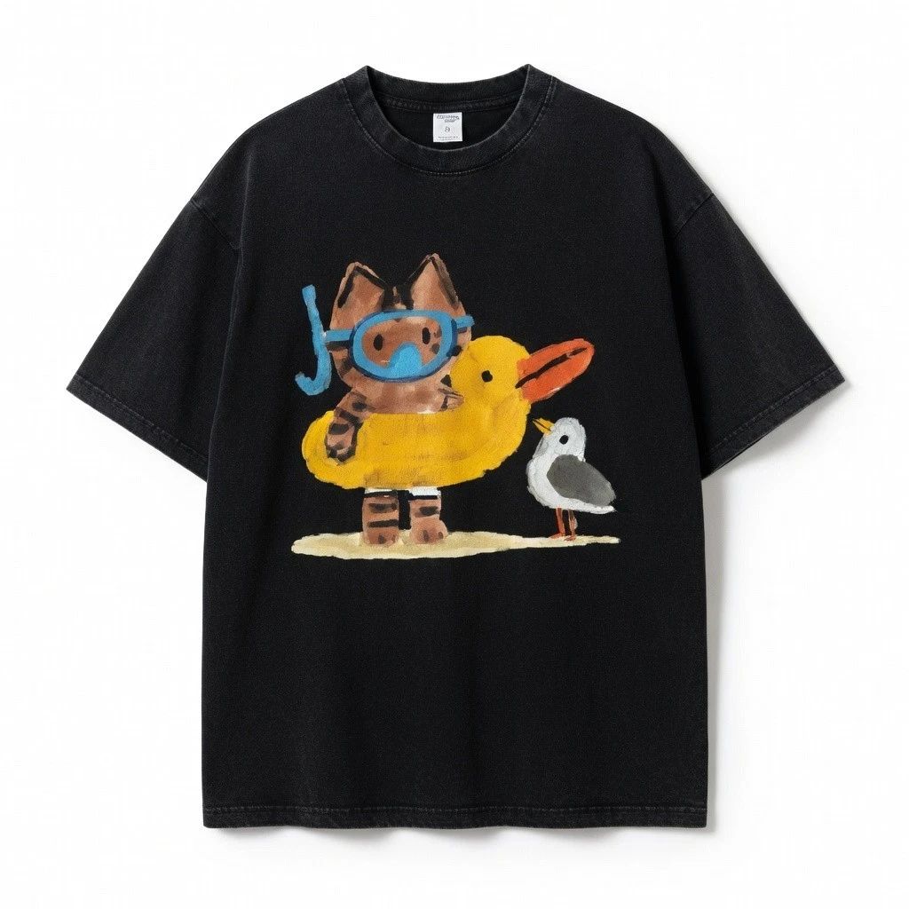 T-Shirt Cute Summer Cat Duck Cartoon Beach Graphic Tee Unisex Shirt