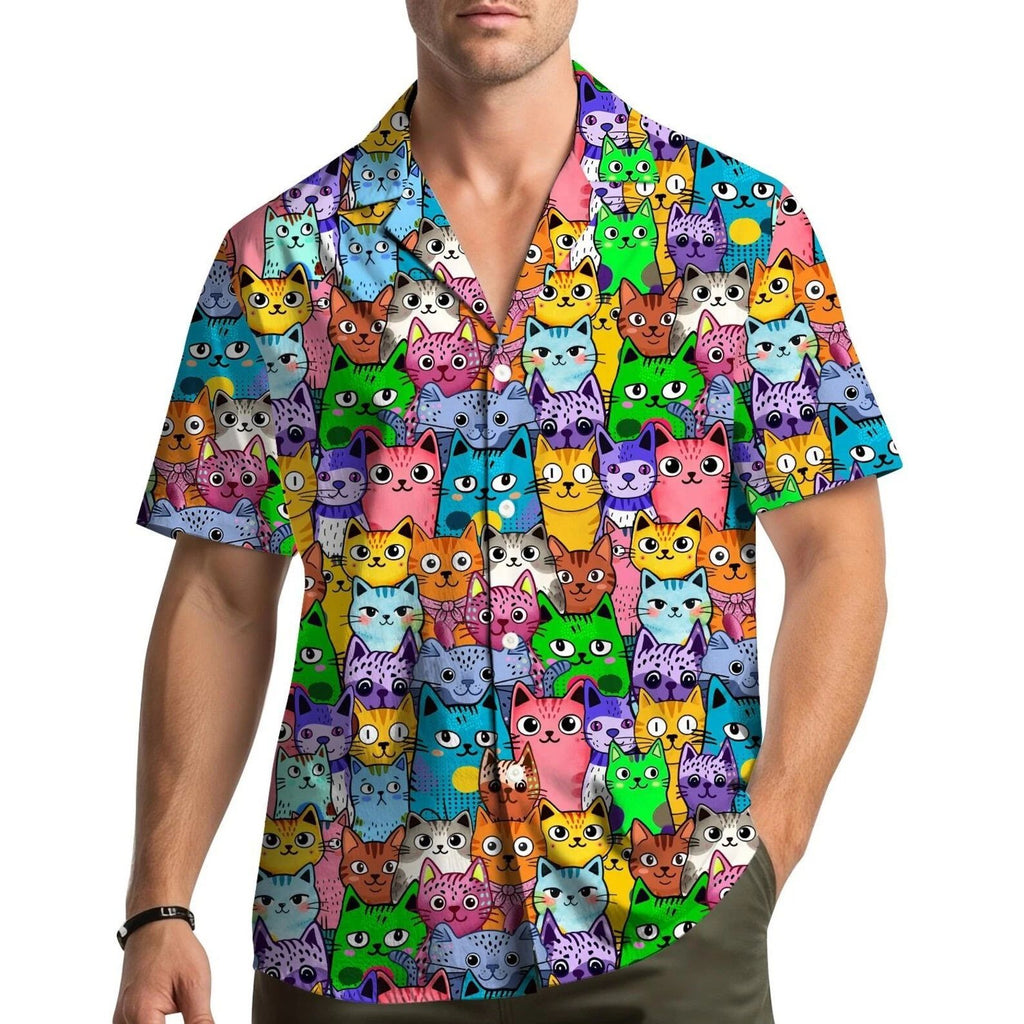 Funny Cat Hawaiian Shirt Cute Kitty Aloha Summer Button Up Unisex Short Sleeve